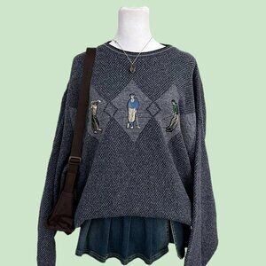 vintage 90s blue preppy indie golf embroidered sweater
